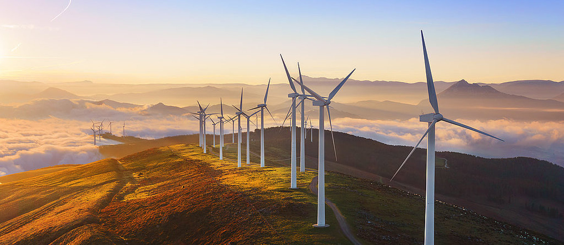 Windräder in Sonnenuntergang